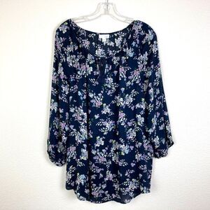 J. Jill Women's Tie Neck Top Size L Navy Blue Floral Bloomcore Career Casual